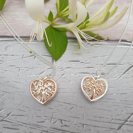 2 Tree of Life Pendant Necklaces in Rose Gold and Silver, finished with diamante crystals.