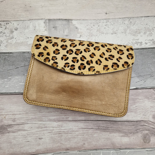 Gold leather leopard print bag