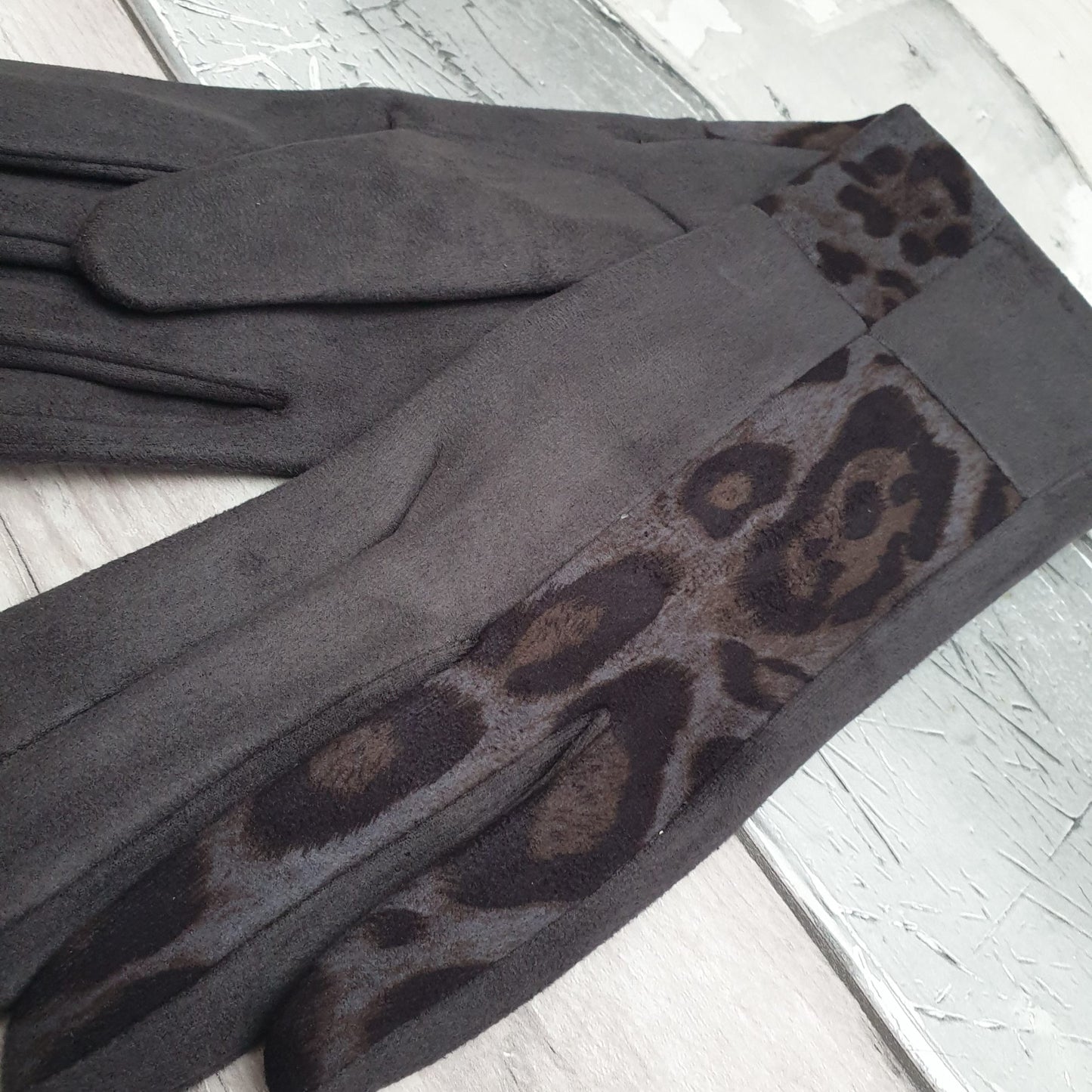 Dark Grey Gloves with Leopard Print Panels