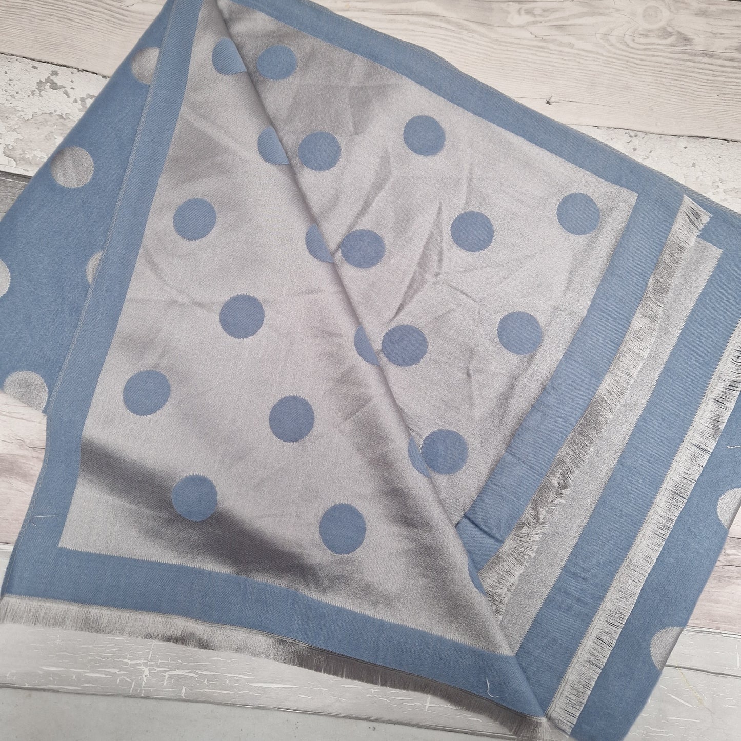 Shimmering Blue and Silver spot print scarf.