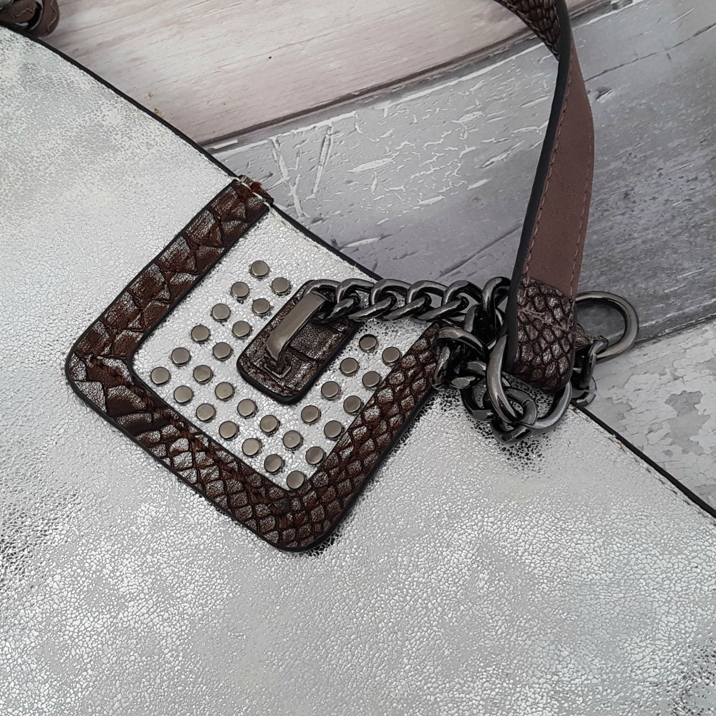 White Shoulder Bag with Metallic Silver Finish - End of Line