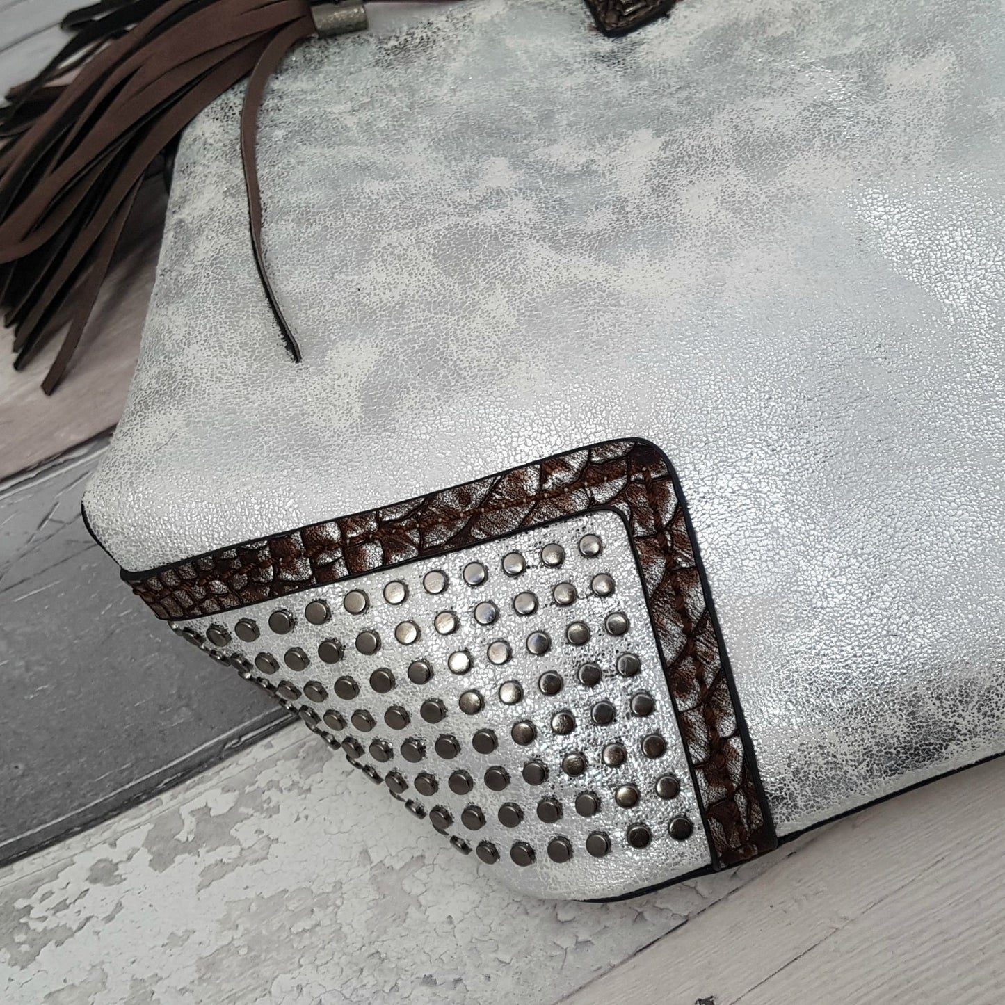 White Shoulder Bag with Metallic Silver Finish - End of Line