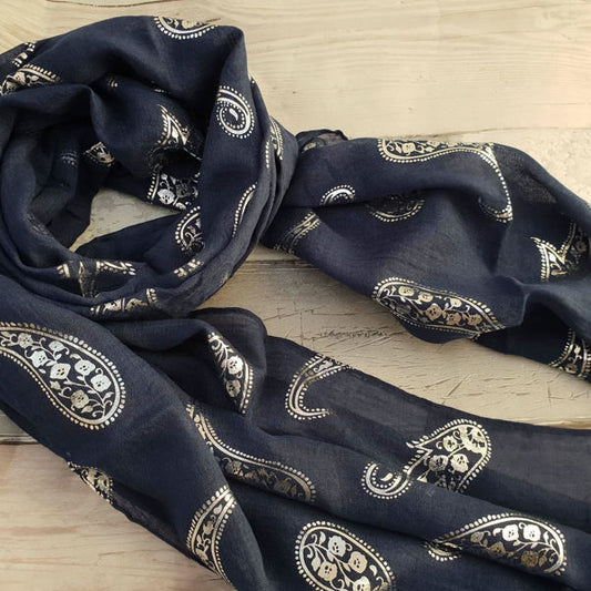 Navy Scarf with Silver Paisley