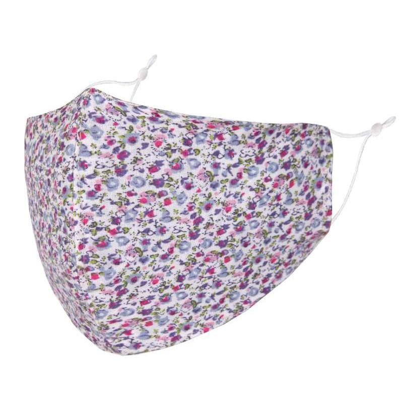 Photo of a white face mask covered in tiny pink and purple flowers