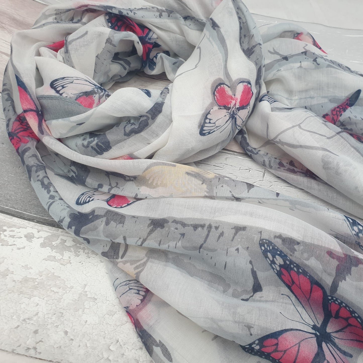 Grey and White Butterfly Print Scarf - End of Line