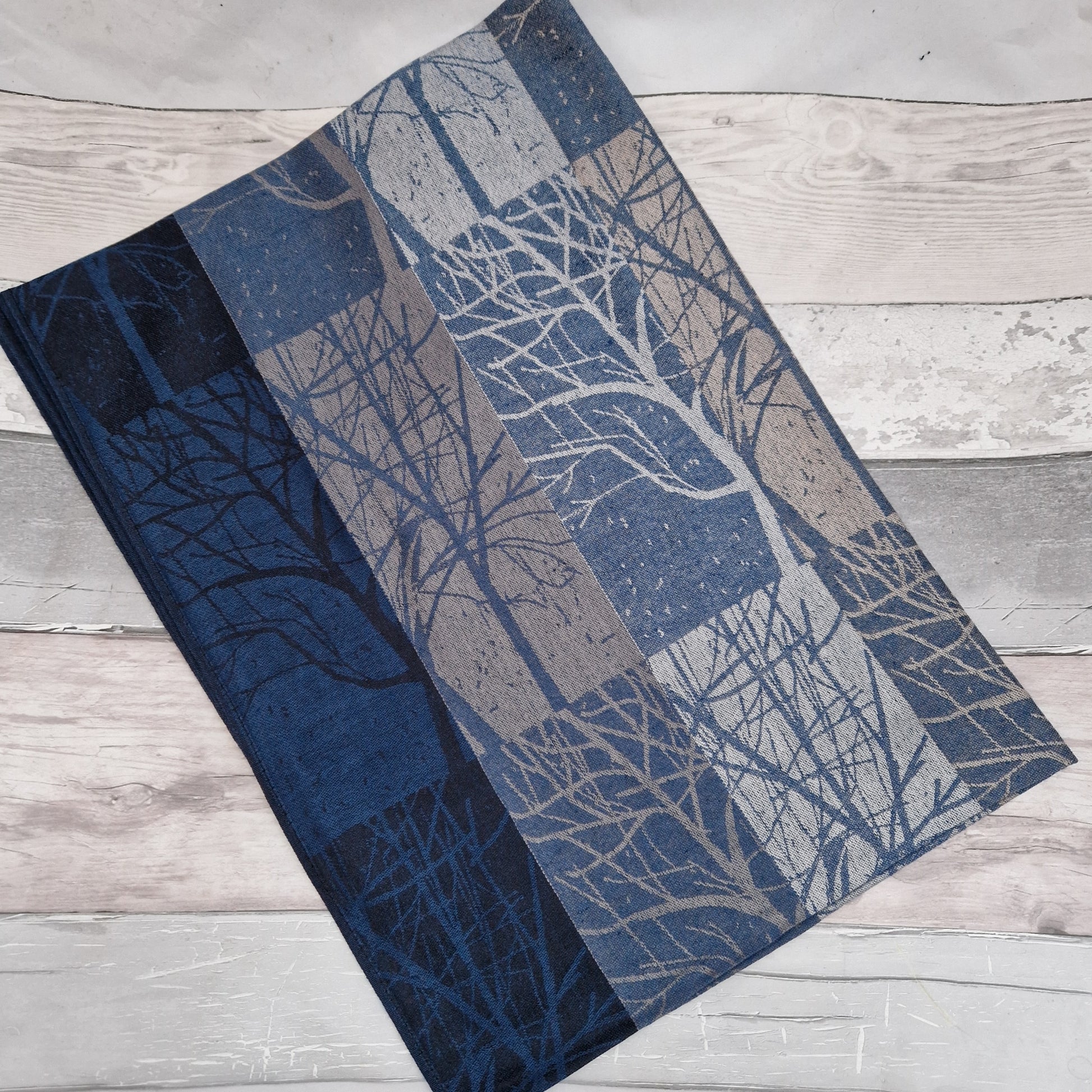 Wood Land forest scarf in blue, silver and bronze colours.