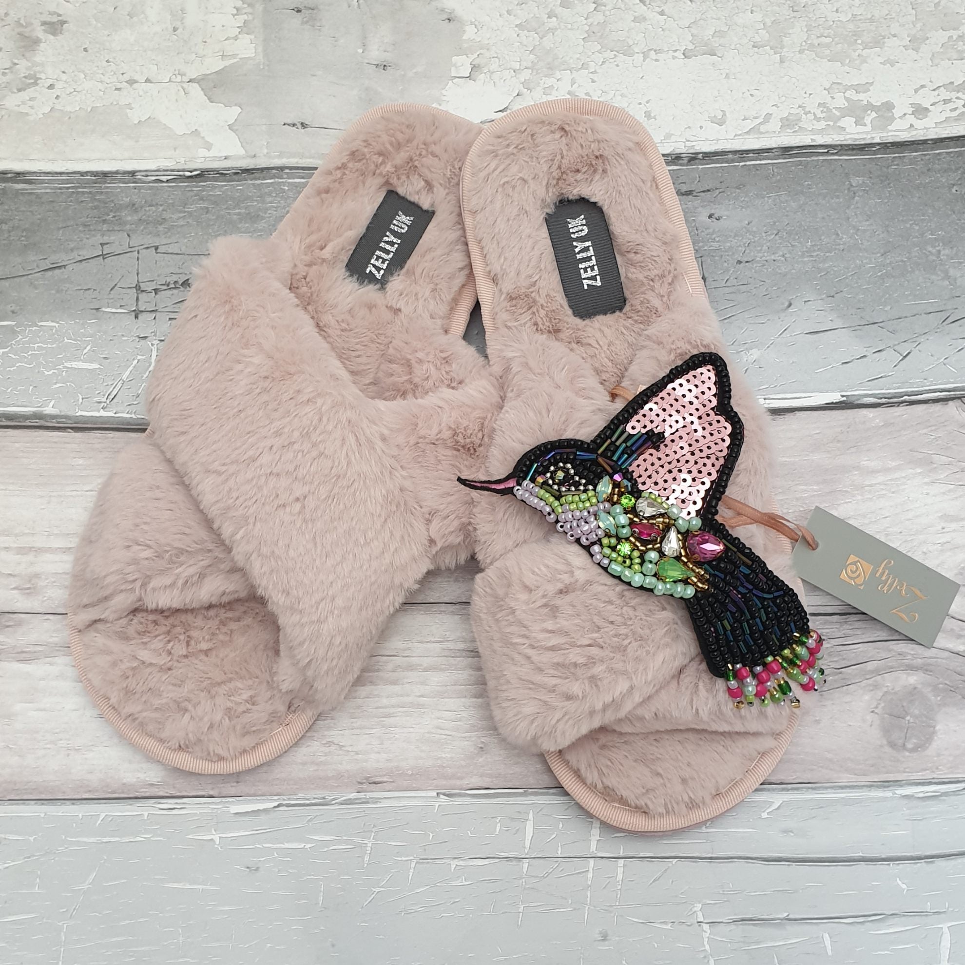 Fluffy Pink Slippers with Hummingbird Brooch - End of Line – Sassy