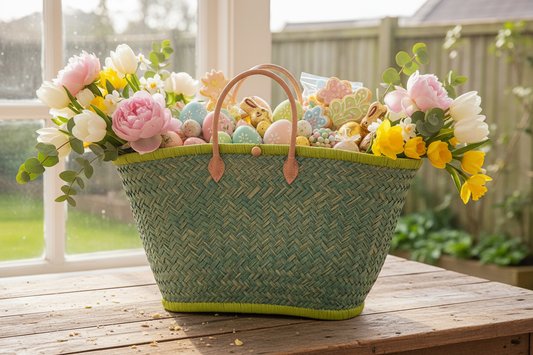 A large open-top woven French market basket filled with fresh flowers, pastel eggs and seasonal treats, styled for Easter and spring