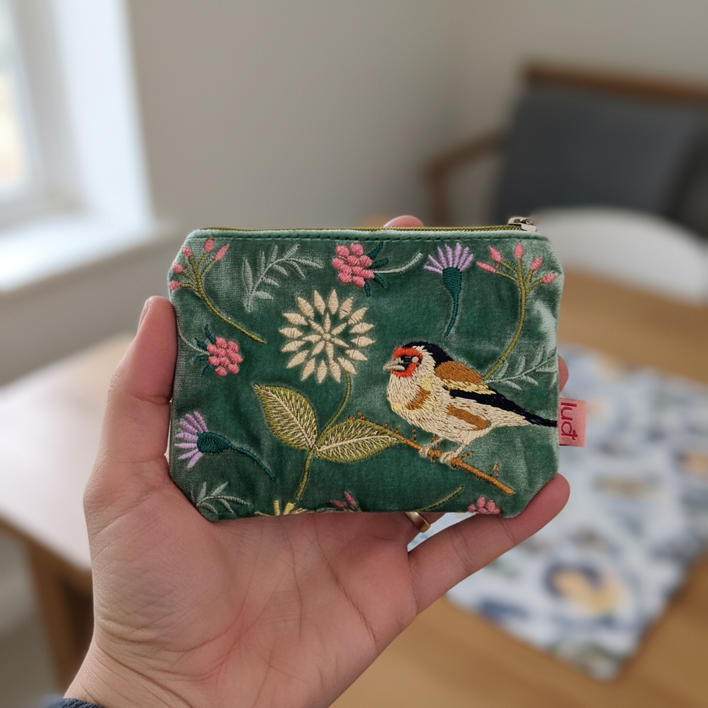 Goldfinch Green Velvet Purse Lifestyle