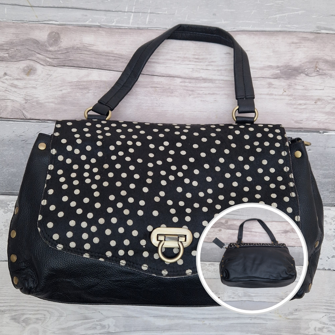 Black handbag with white polka dots on a wooden surface, with a smaller inset image of a similar handbag.