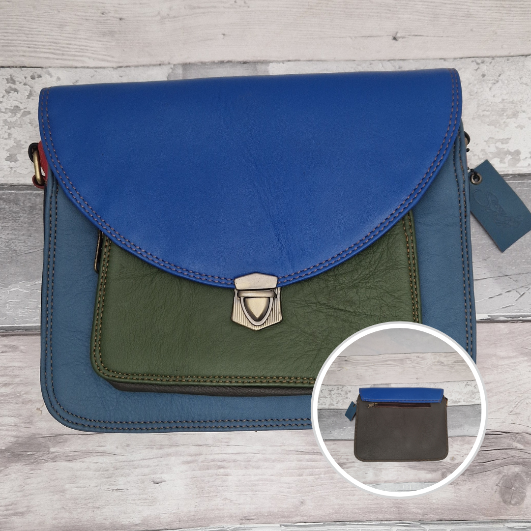 Blue and green handbag on a wooden surface with a close-up inset showing a black version.