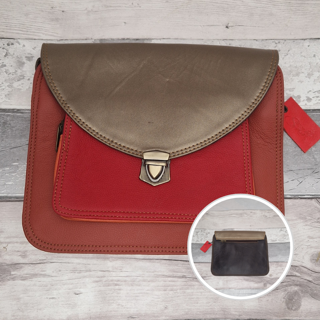 Red and brown leather bag on a wooden surface with a close-up inset.
