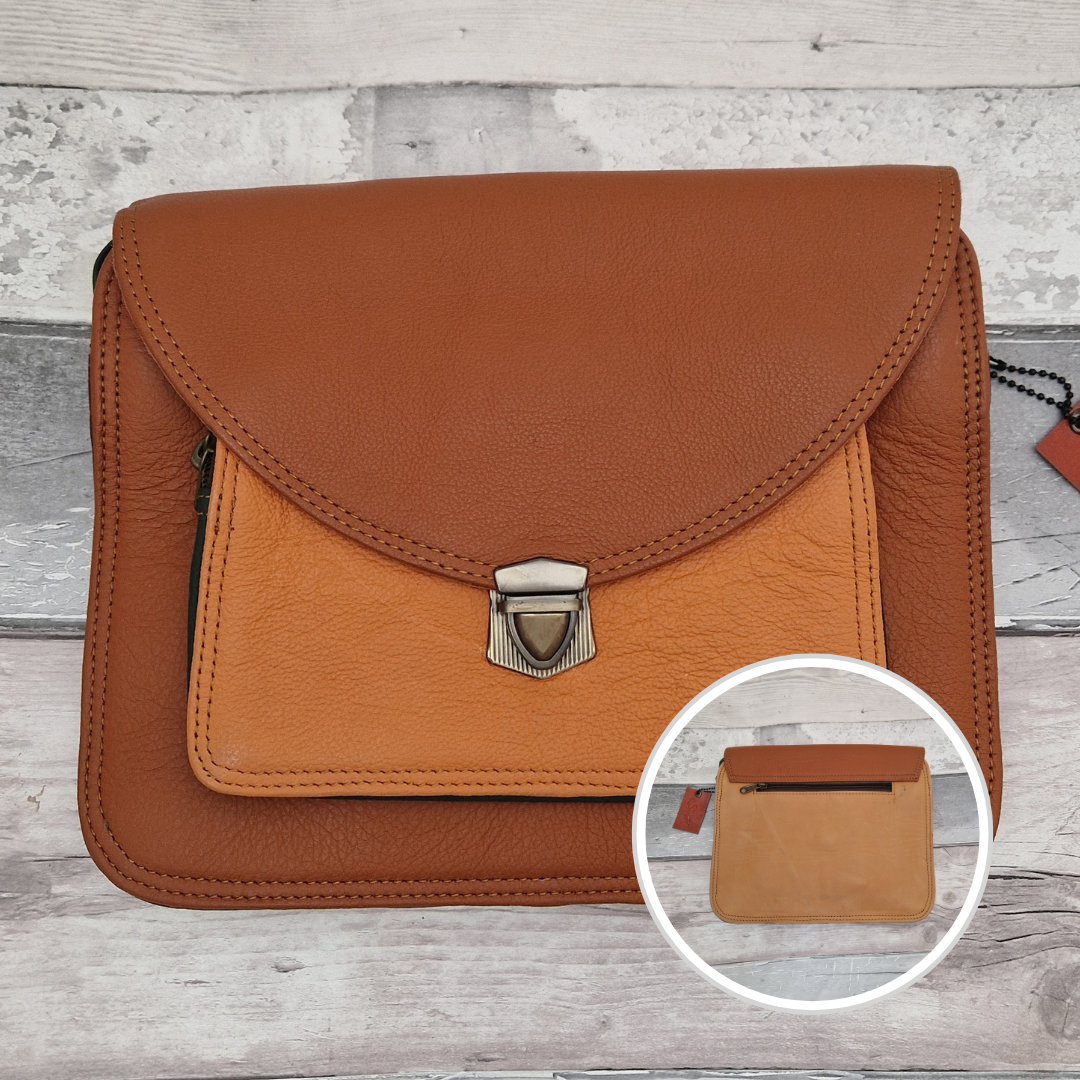 Brown leather handbag with a close-up inset on a wooden surface