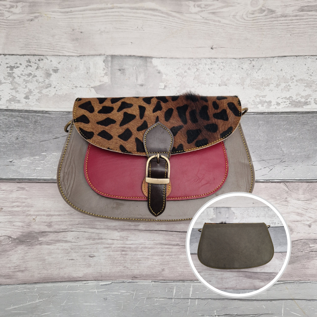 Scalloped shaped all leather bag in stone grey with a textured panel of giraffe print.