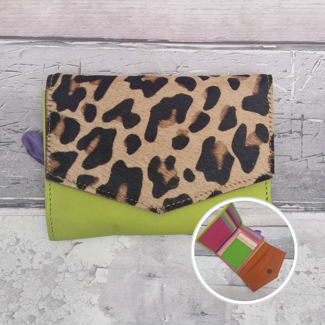 Neon Lime leather purse with a textured panel of leopard print.