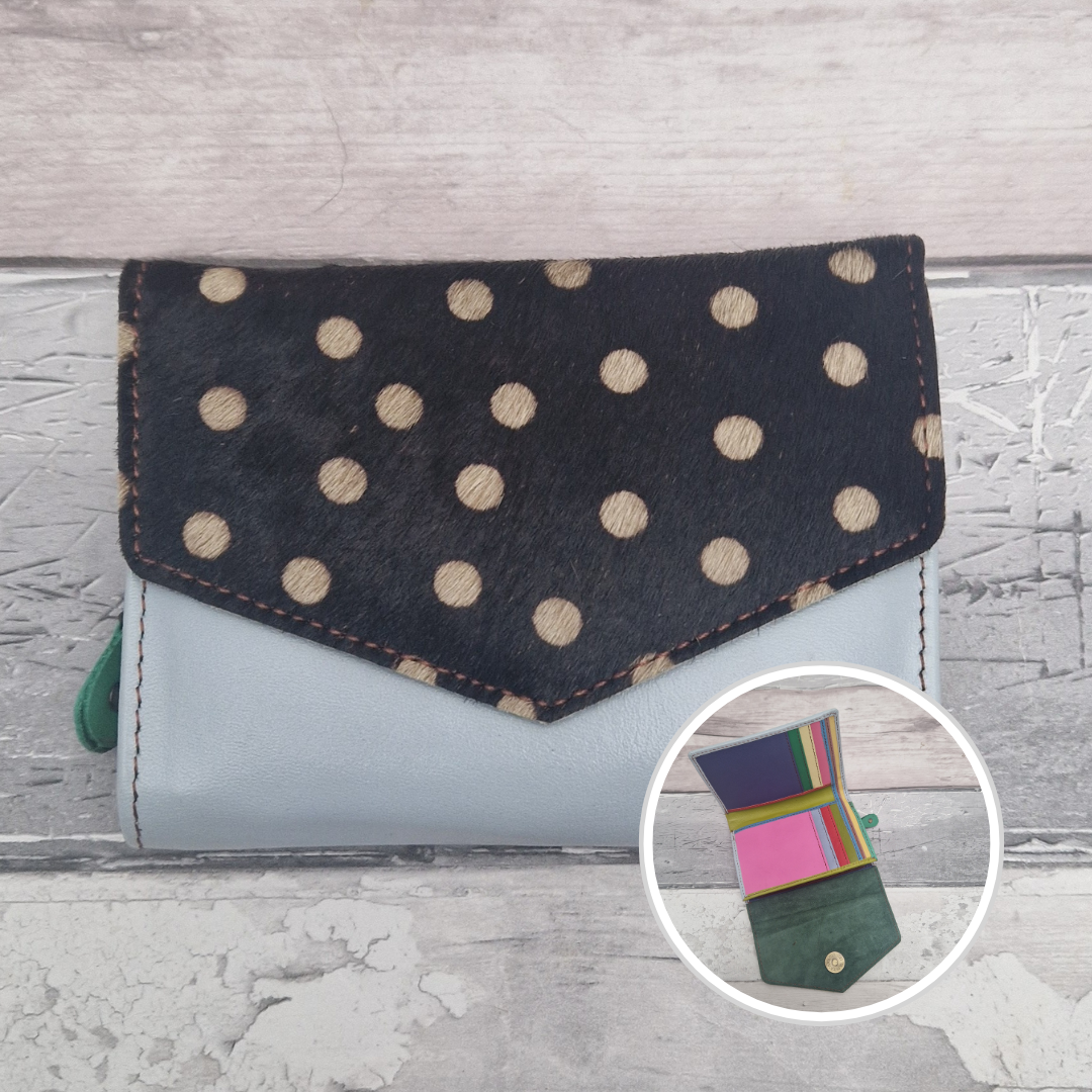 Blue leather purse with a textured panel of spotty print.