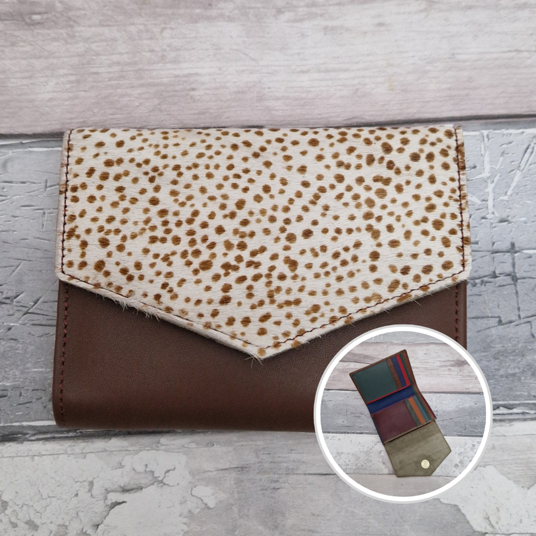 Brown leather fold out purse with a textured spotty front panel and multi-coloured interior.