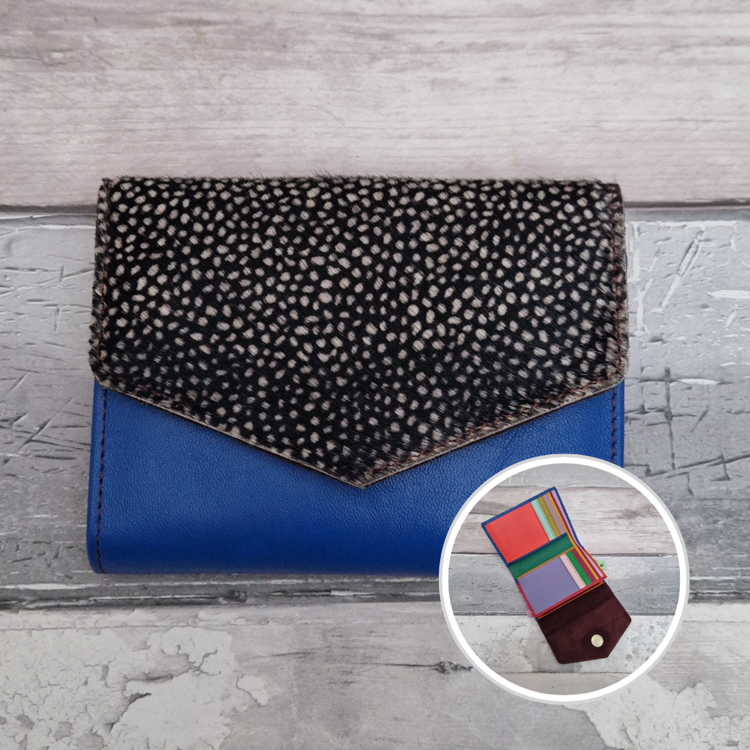 Royal Blue leather fold out purse with a textured spotty front panel and multi-coloured interior.