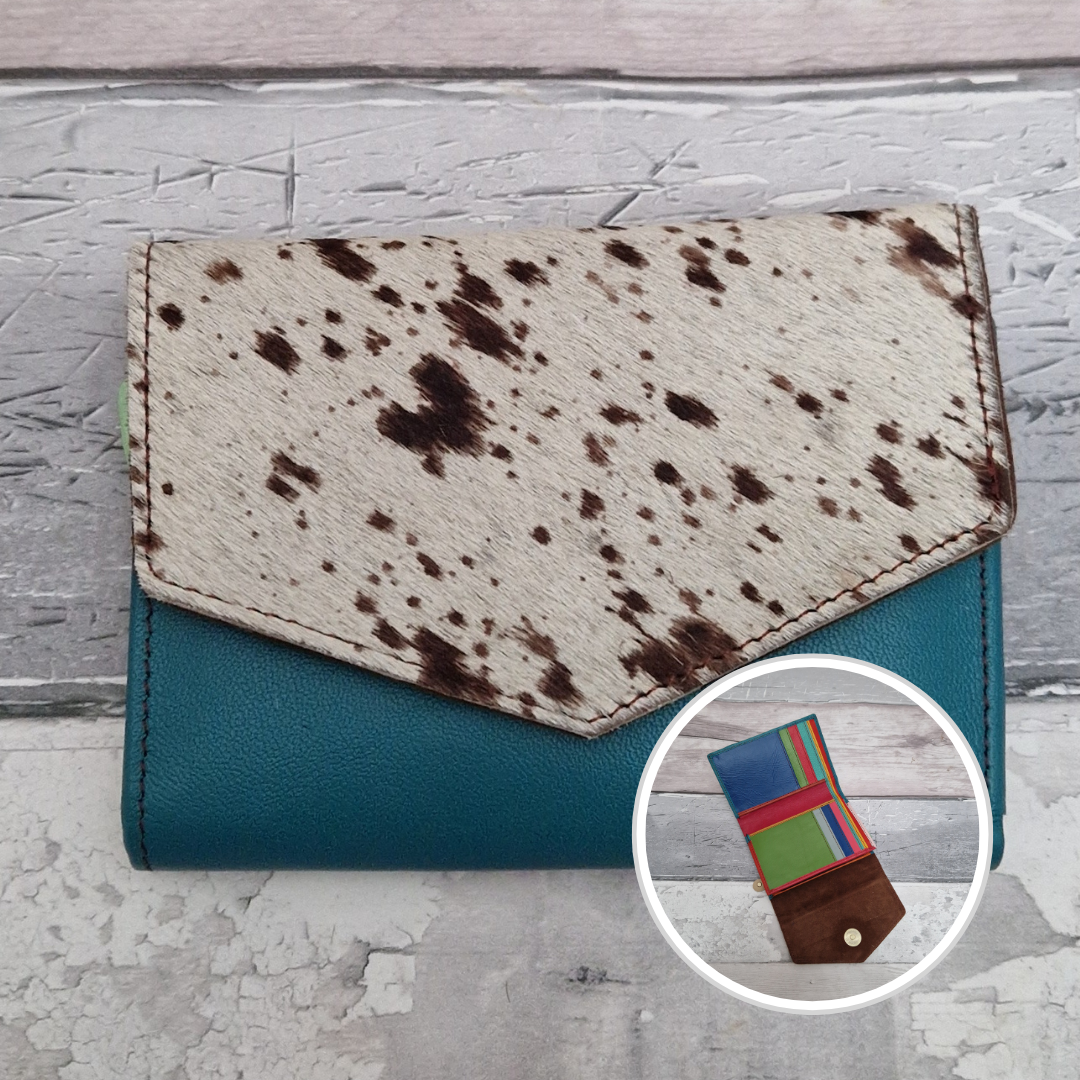 Turquoise leather fold out purse with a textured pony print front panel and multi-coloured interior.
