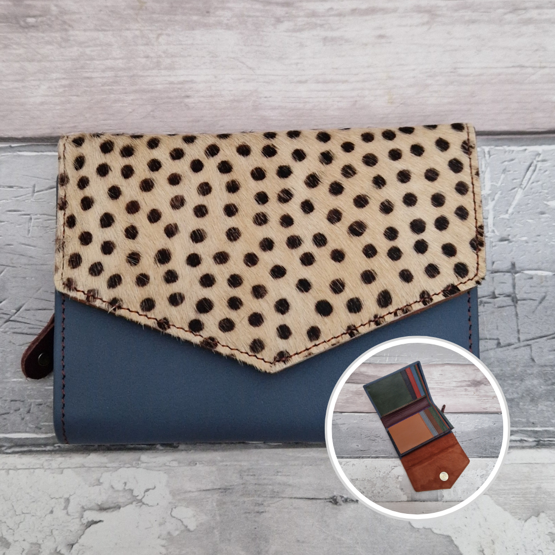 Stone Blue leather fold out purse with a textured spotty front panel and multi-coloured interior.