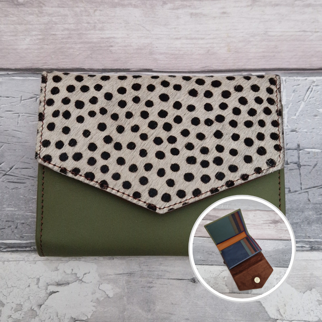 Olive Green leather fold out purse with a textured spotty front panel and multi-coloured interior.