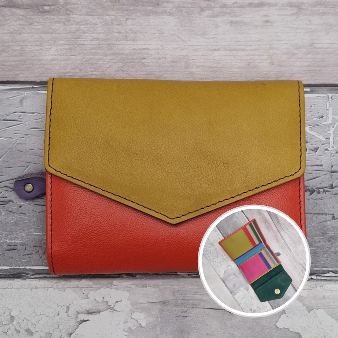 Orange and Mustard coloured leather fold out purse with a multi-coloured interior.