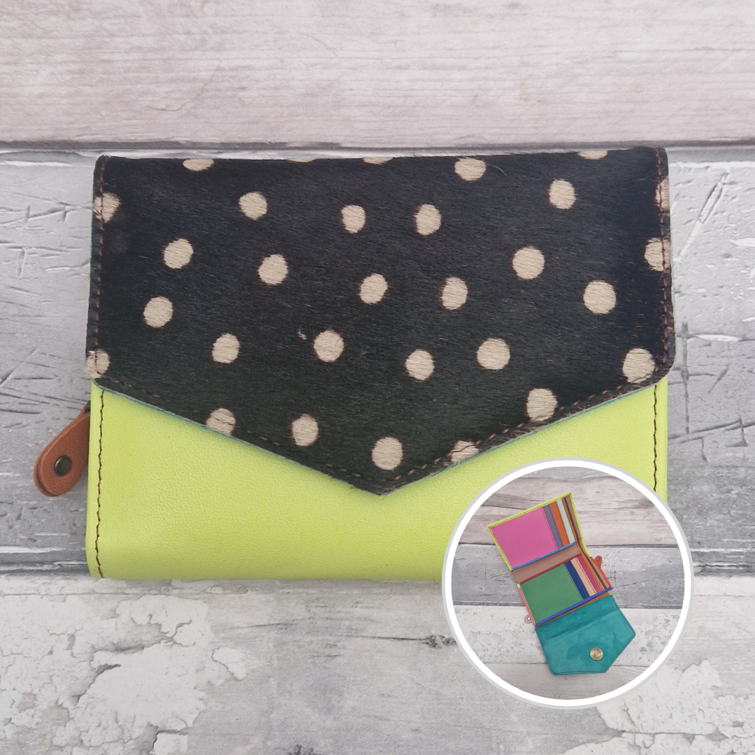 Neon Yellow leather purse with a textured panel of spotty print.