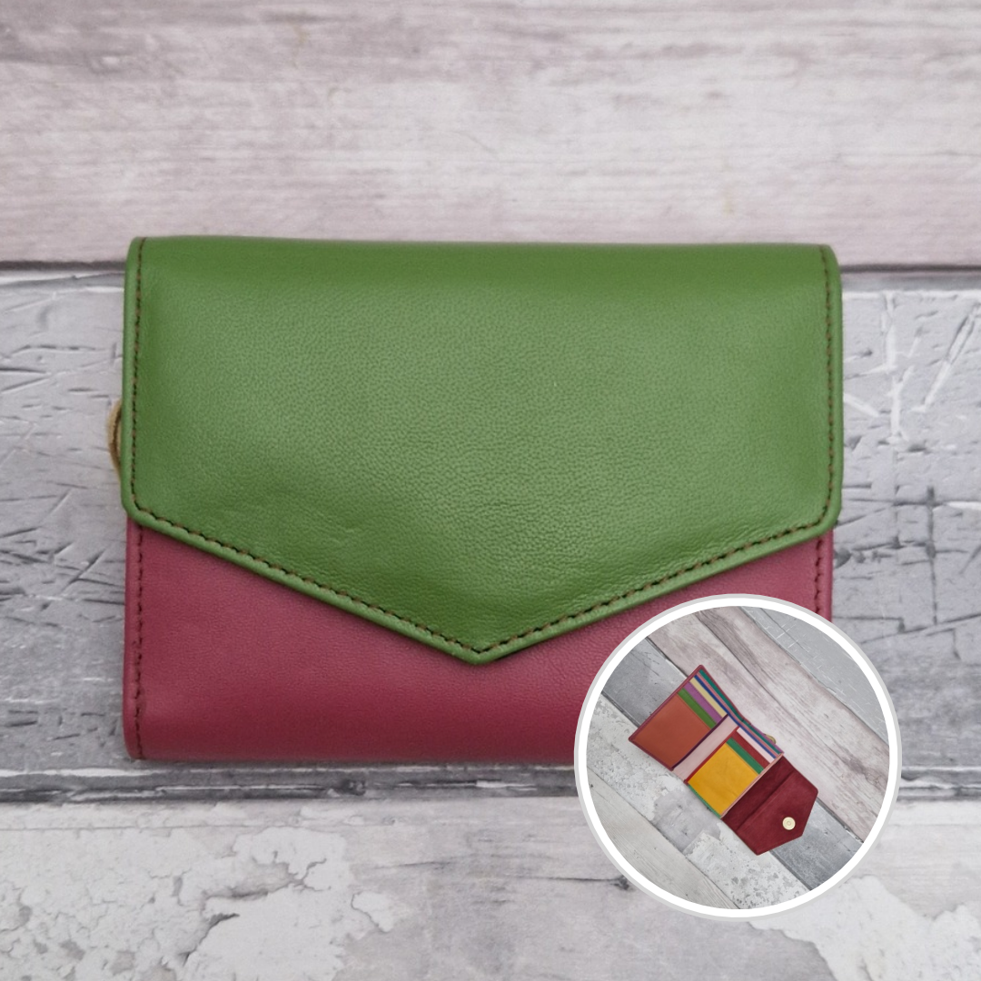 Green and Raspberry coloured leather fold out purse with a multi-coloured interior.
