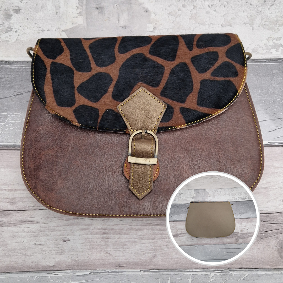 All leather saddlebag style bag in dark brown with a textured panel of giraffe Animal Print.