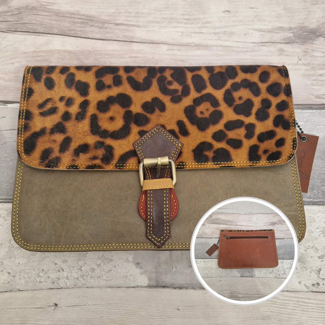All leather envelope style crossbody bag in olive green with a textured jaguar animal print panel. Photo shows front and back of bag.