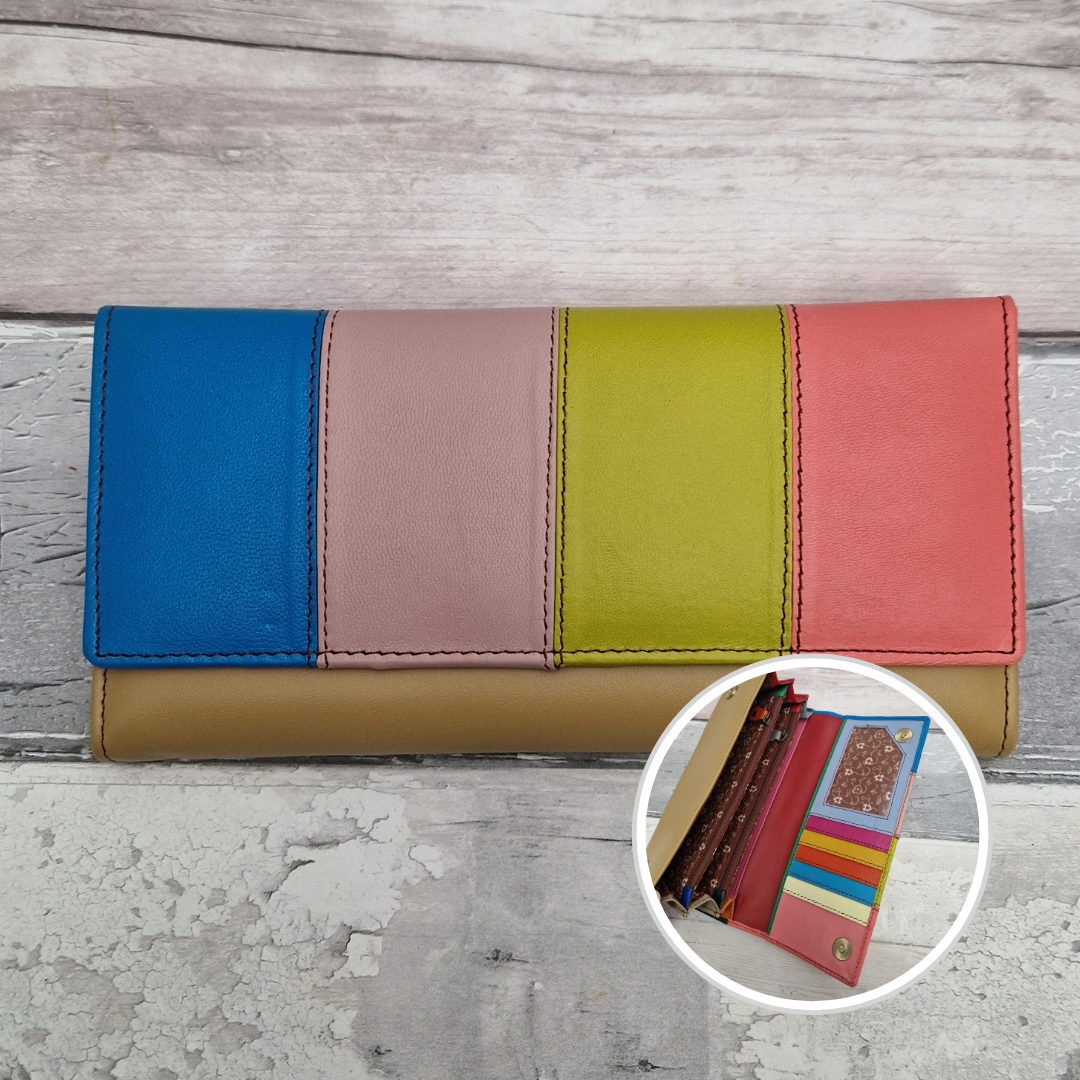Sassy Spirit Eva style multi-compartment purse - Rainbow stripes of multicoloured recycled leather inside and out. Lime Green, Blue, Nude, Salmon Pink and Coffee Exterior.