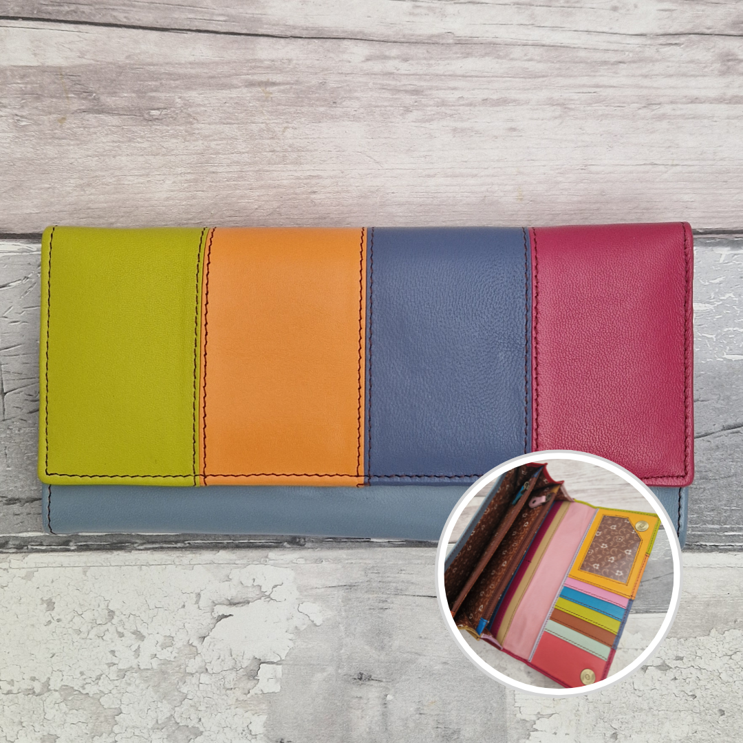 Sassy Spirit Eva style multi-compartment purse - Rainbow stripes of multicoloured recycled leather inside and out. Lime Green, Orange, Blue, Raspberry and Stone Blue Exterior.