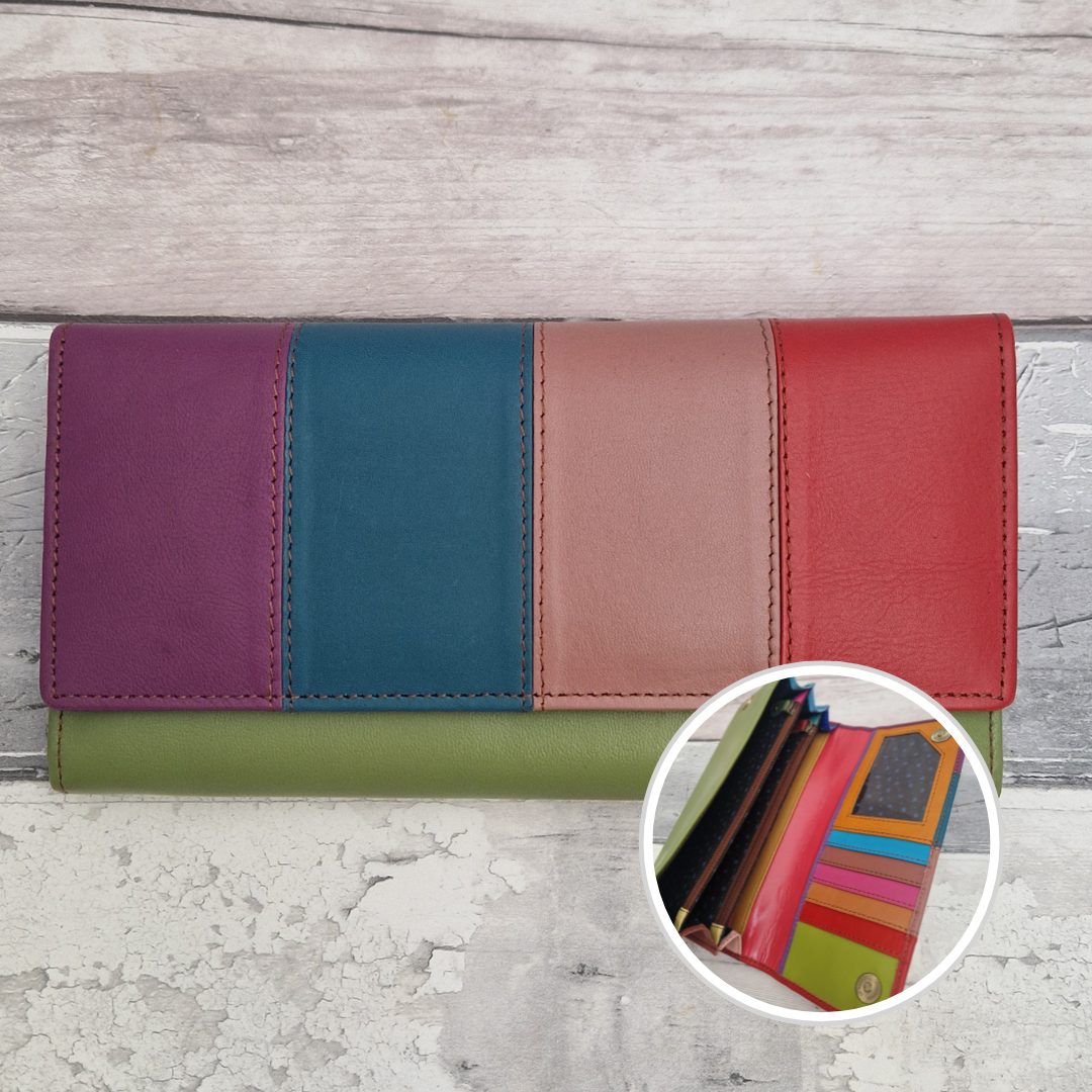 A multi-colored leather wallet with vertical panels in purple, teal, dusty rose, and red, shown open to reveal card slots and cash. A circular inset shows additional color options.