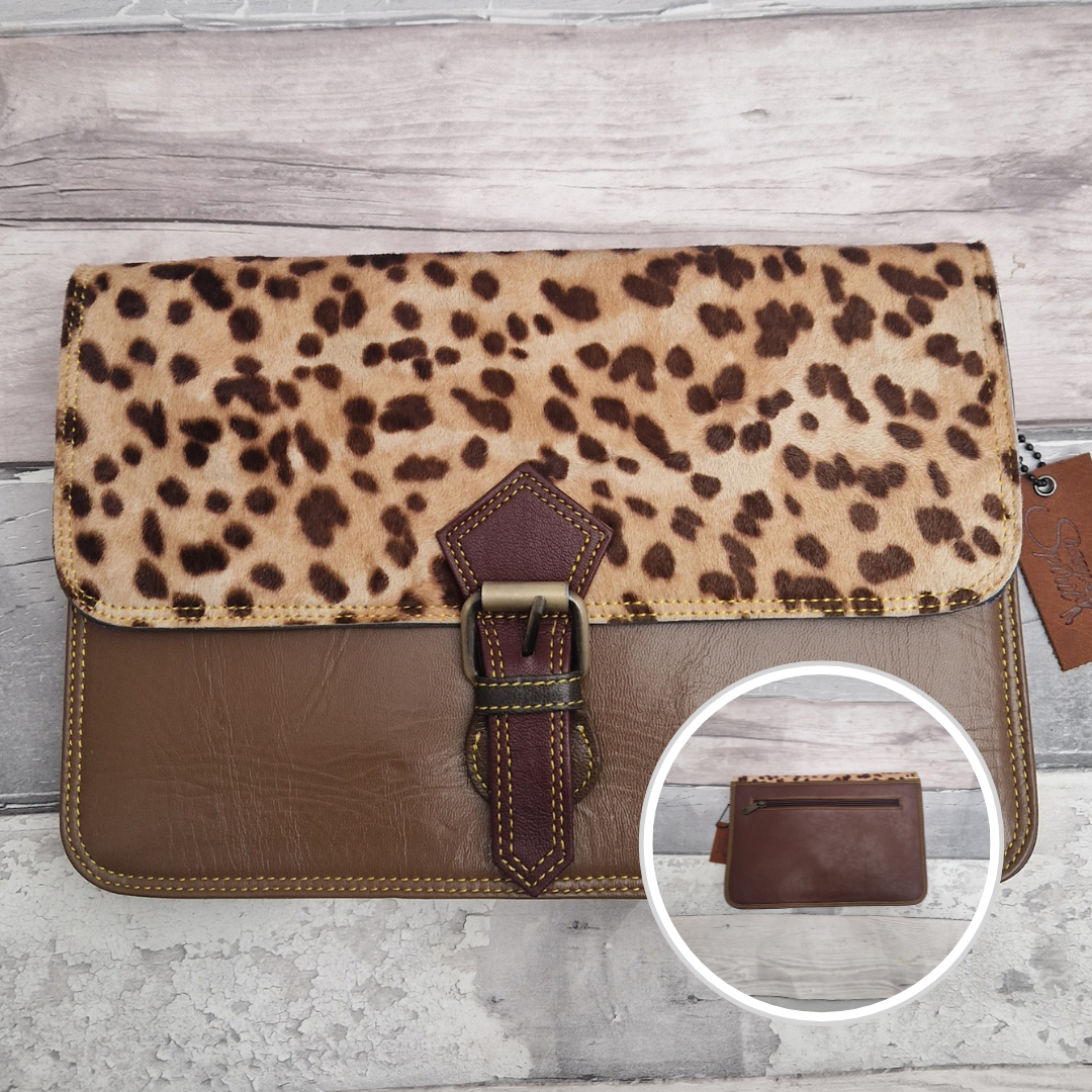 Brown Leather envelope style bag with textured panel of cheetah print and buckle clasp.