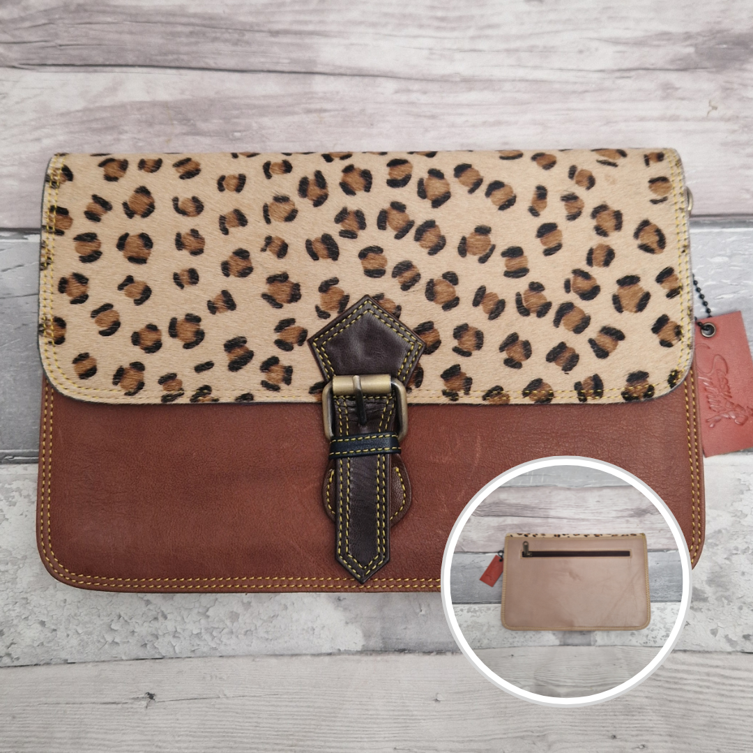 Brown Leather envelope style bag with textured panel of leopard print and buckle clasp.
