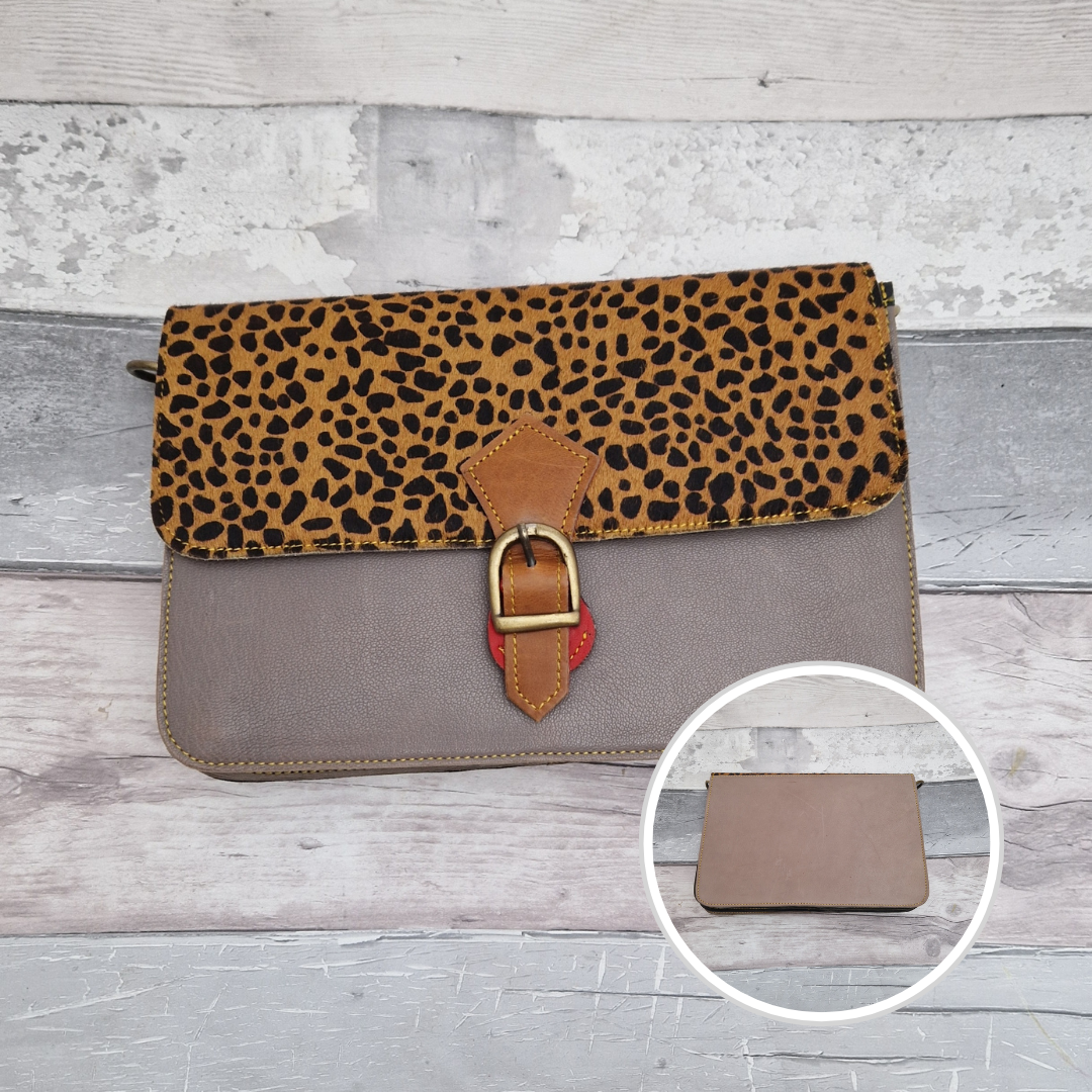 All leather envelope style crossbody bag in grey with a textured cheetah animal print panel. Photo shows front and back of bag.