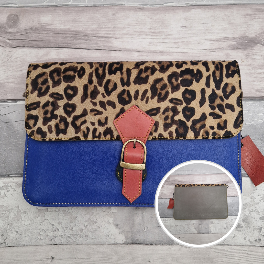 Blue Leather envelope style bag with textured panel of leopard print and buckle clasp.