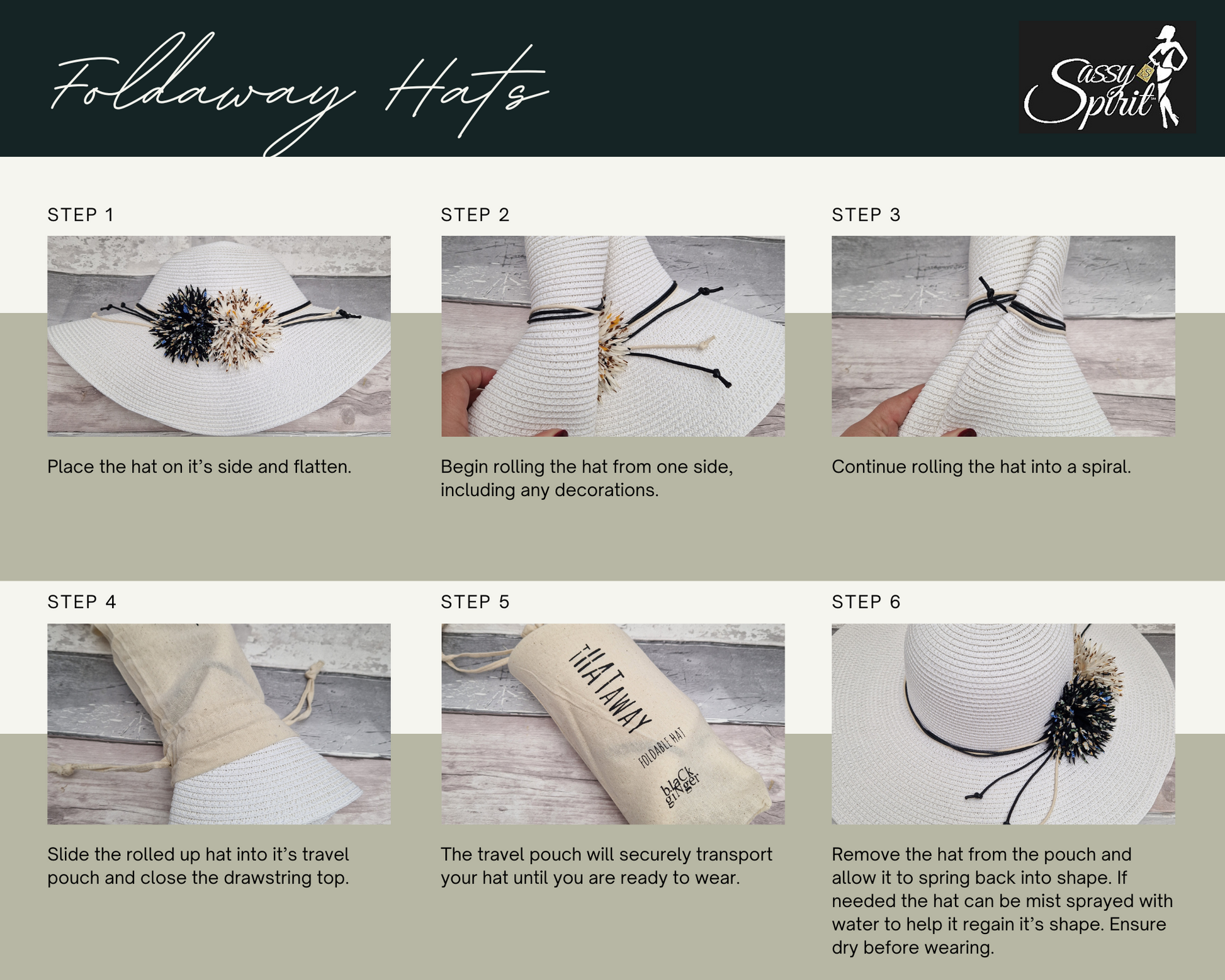 Sassy Spirit guide to how to pack a fold away hat.