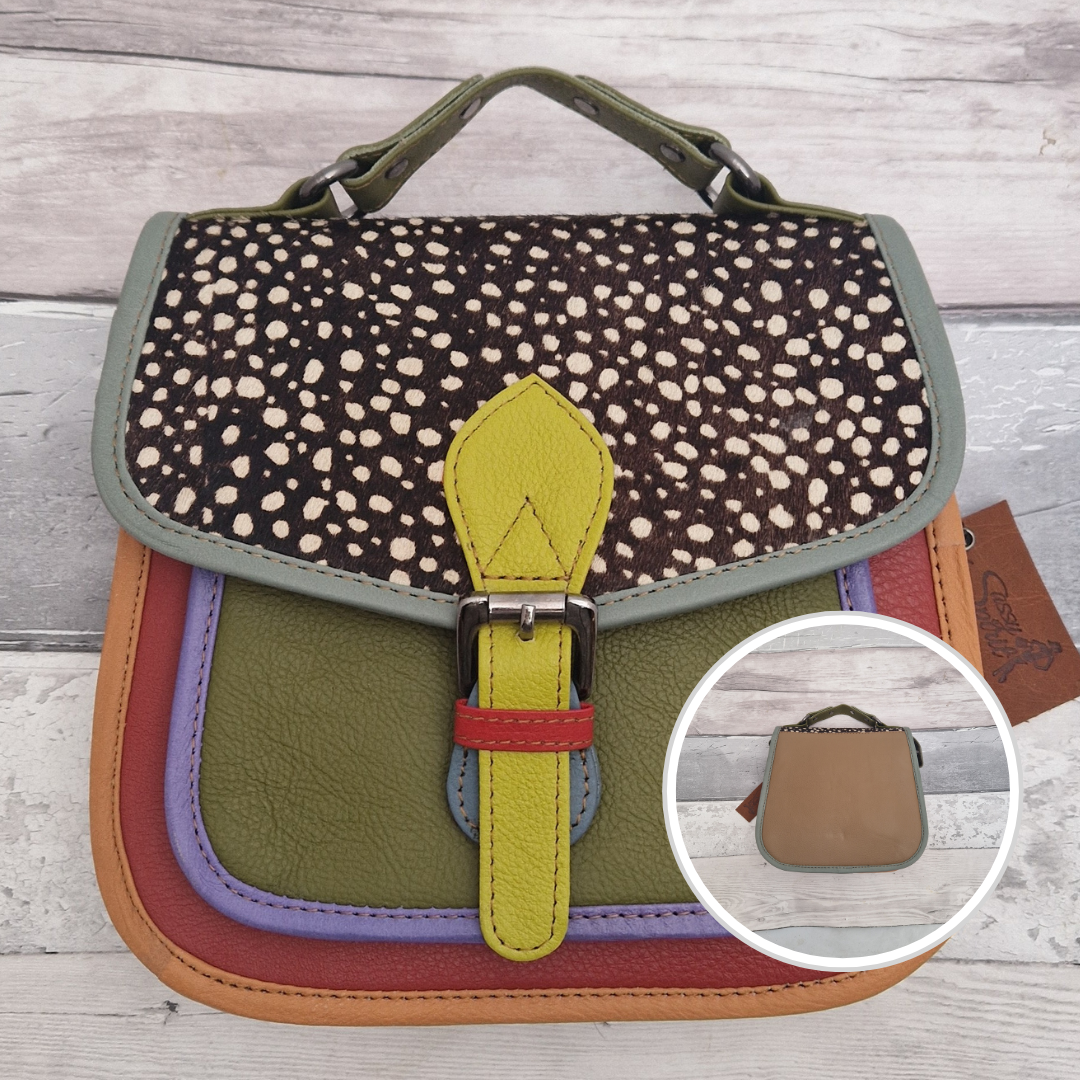 Modern saddlebag style bag with crossbody strap and carry handle. Made from leather off-cuts, it is a rainbow of colour finished with a textured panel of spot print.