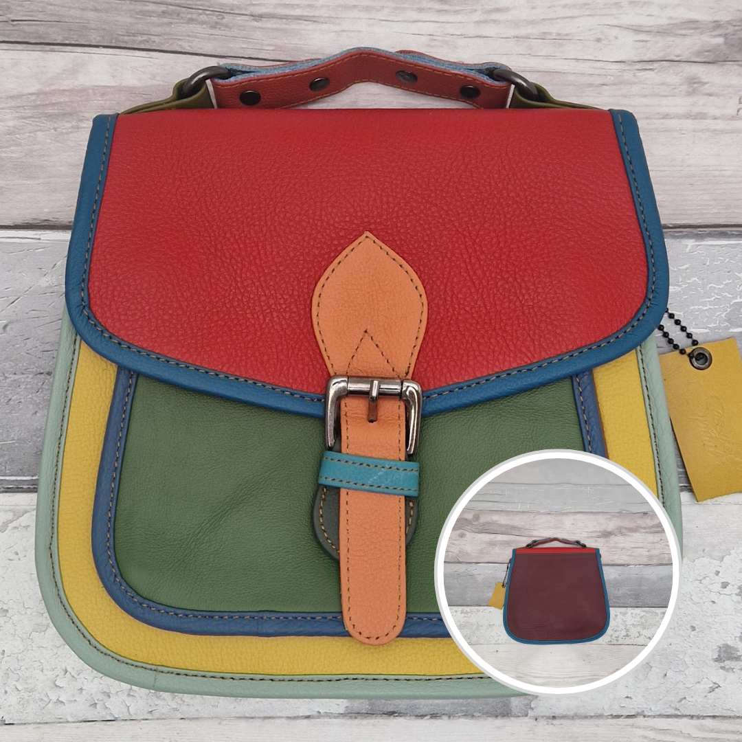 Modern saddlebag style bag with crossbody strap and carry handle. Made from leather off-cuts, it is a rainbow of colour.