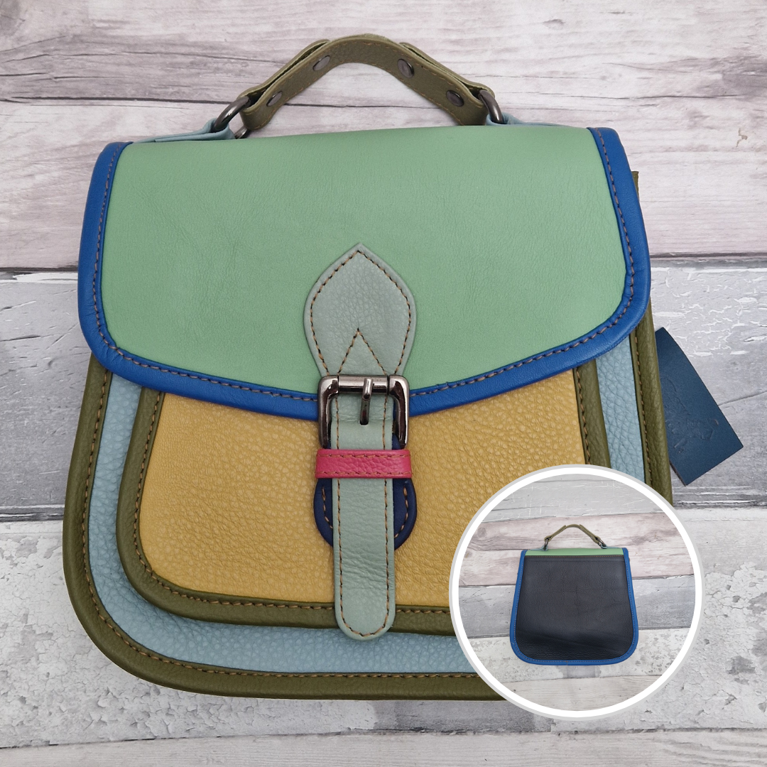 Modern saddlebag style bag with crossbody strap and carry handle. Made from leather off-cuts, it is a rainbow of colour.