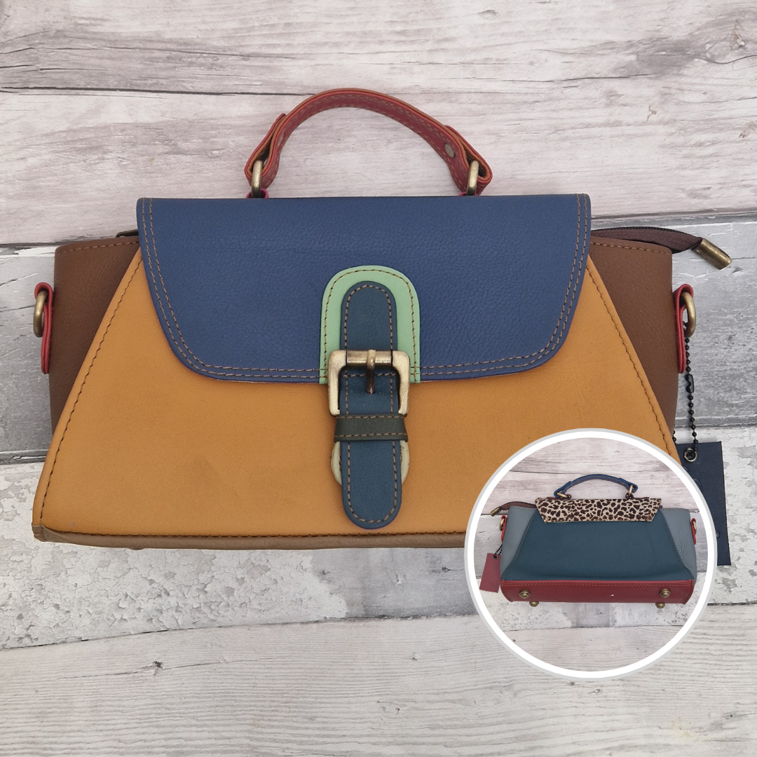 Mini satchel style ladies all leather handbag. Mixed blue and mustard colours.