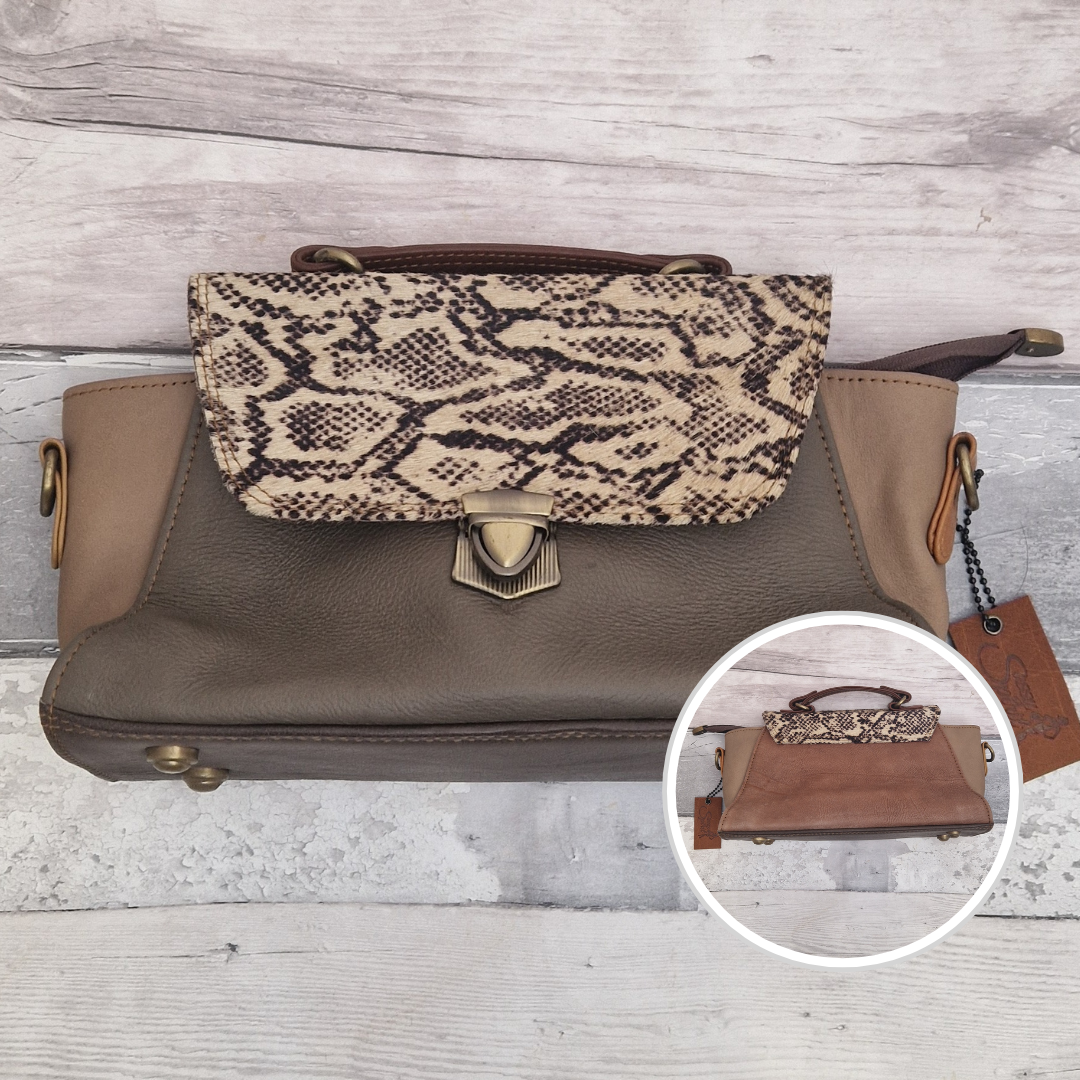 Mini satchel style ladies all leather handbag. Mixed grey and taupe colours with a textured snake print panel.