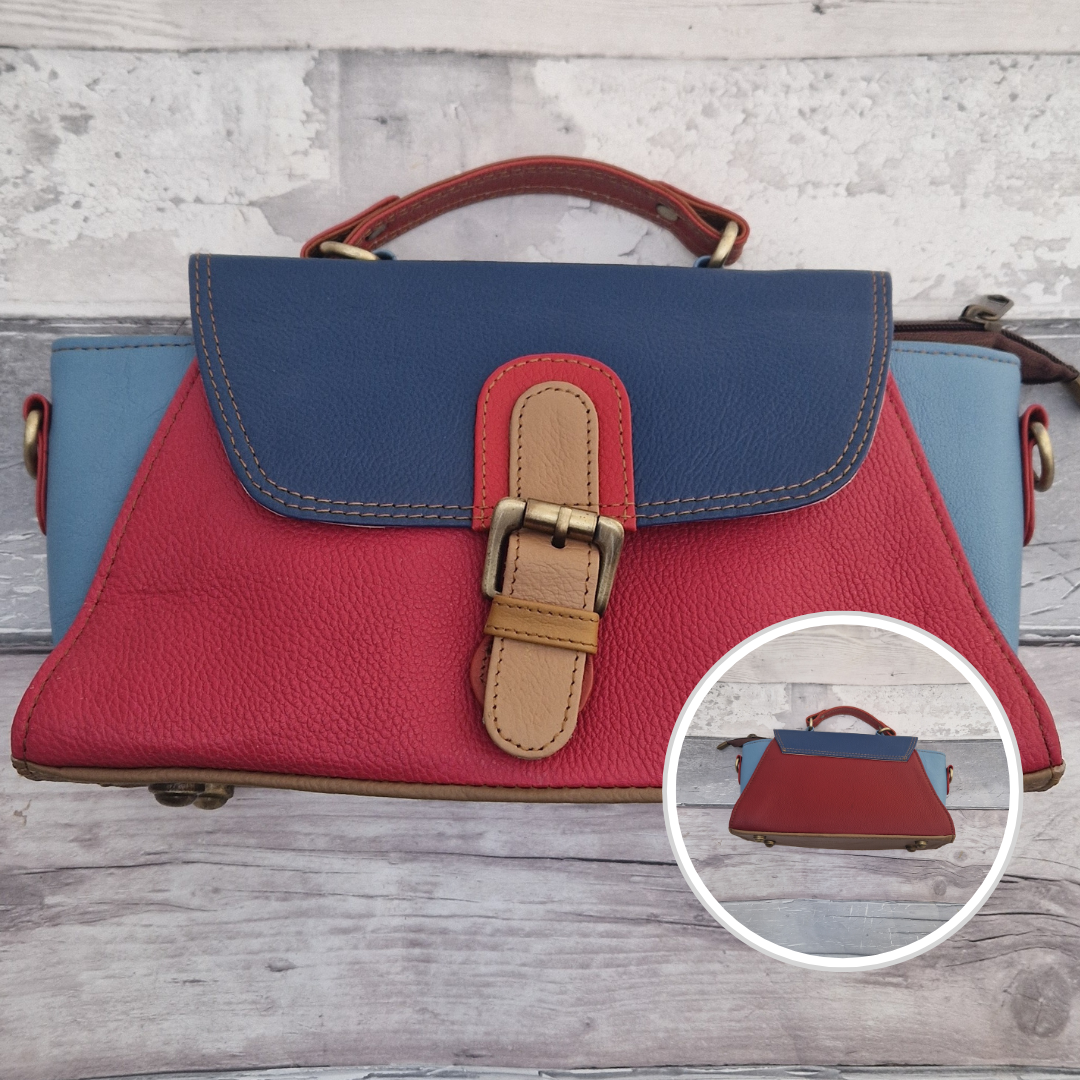 Mini satchel style ladies all leather handbag. Mixed blue and red colours.