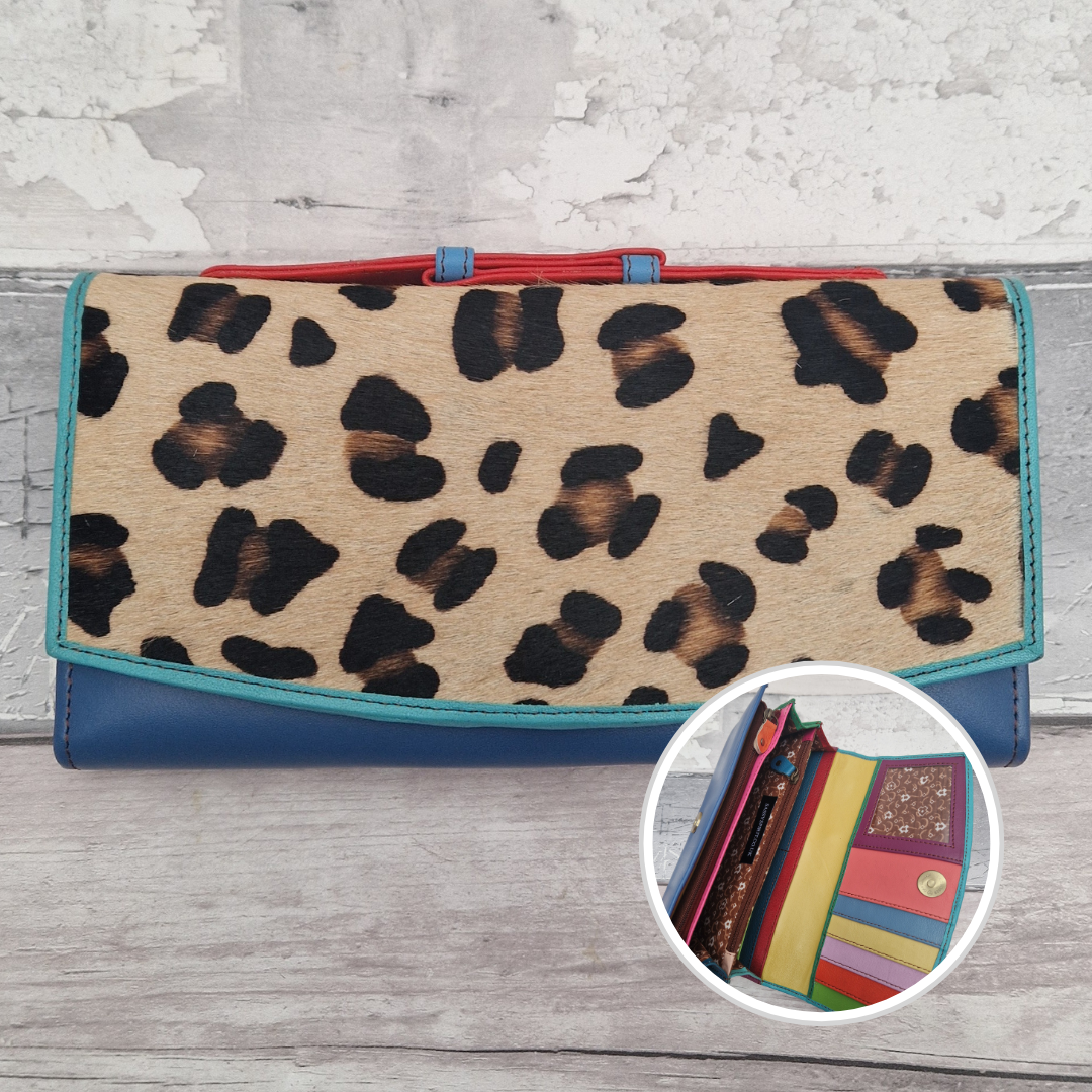 All leather purse with a blue and turquoise blue coloured exterior and textured panel of leopard print.