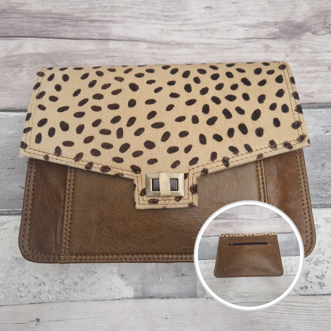 Spot print handbag with a close-up of a cardholder on a wooden surface