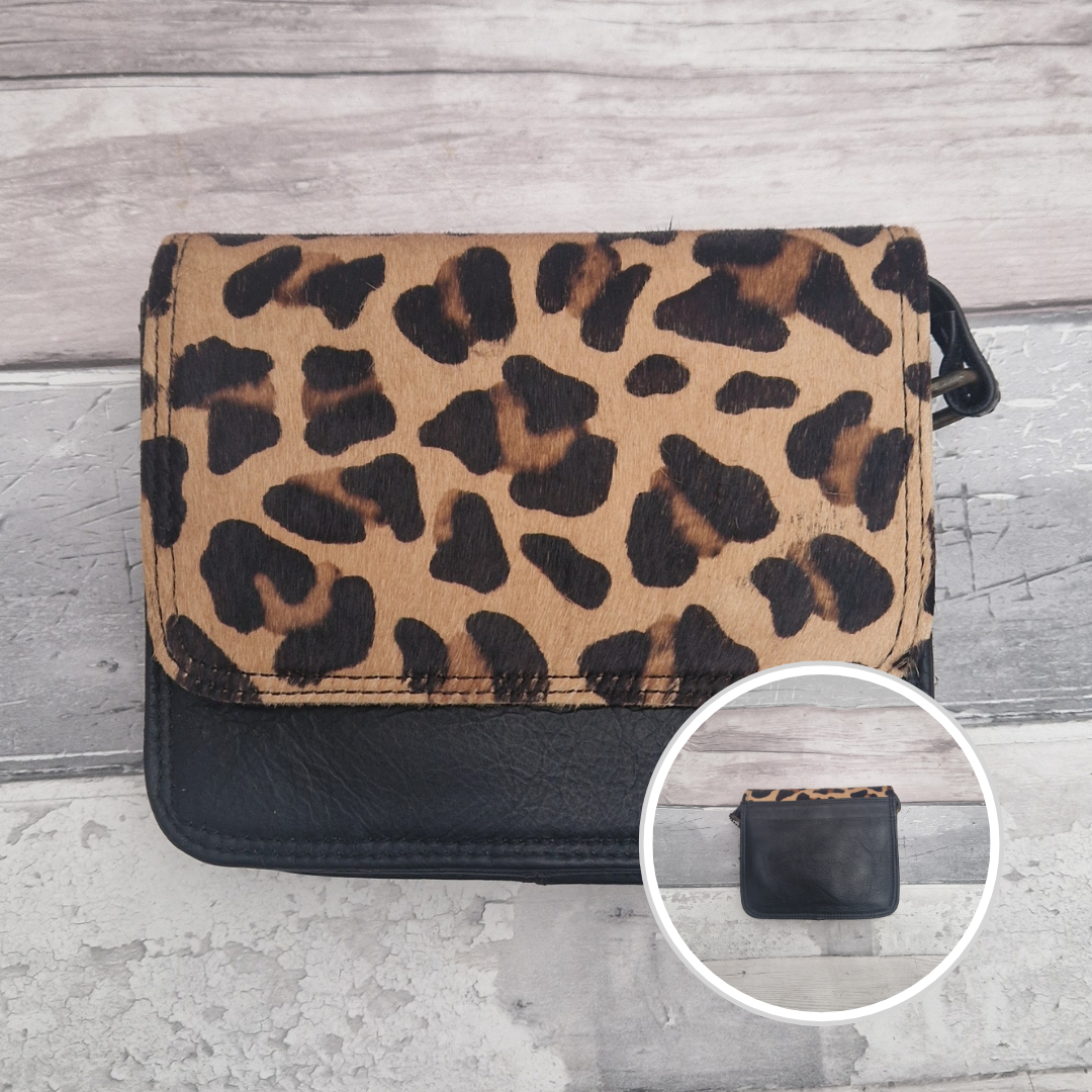 Leather bag with a textured flap of leopard print.