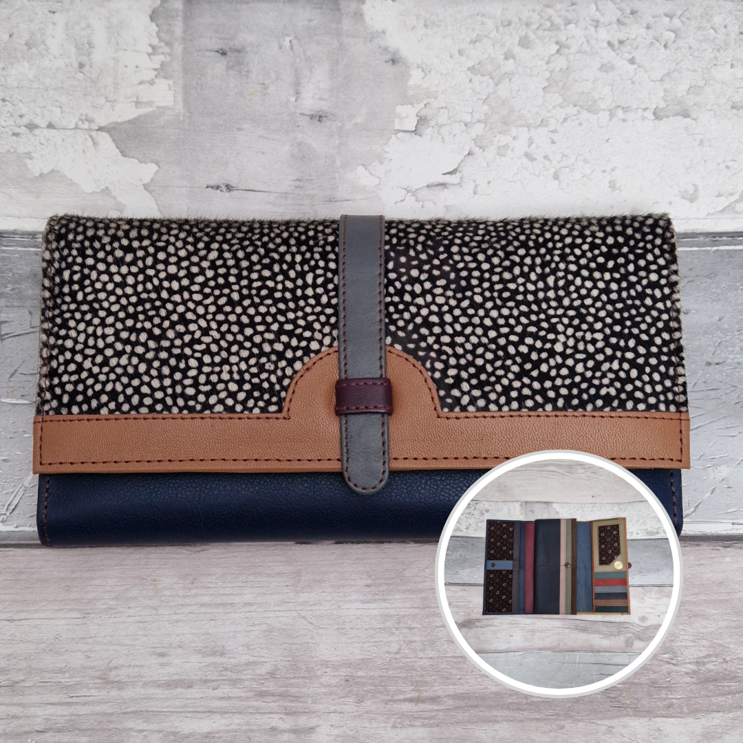 All leather fold out purse made from a mix of dark natural colours with a textured front panel of spot print.