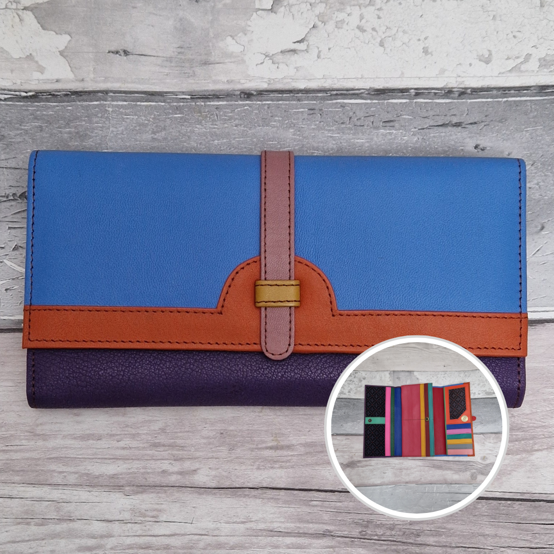 All leather fold out purse made from a rainbow of colours with blue and purple front panels and an orange trim.