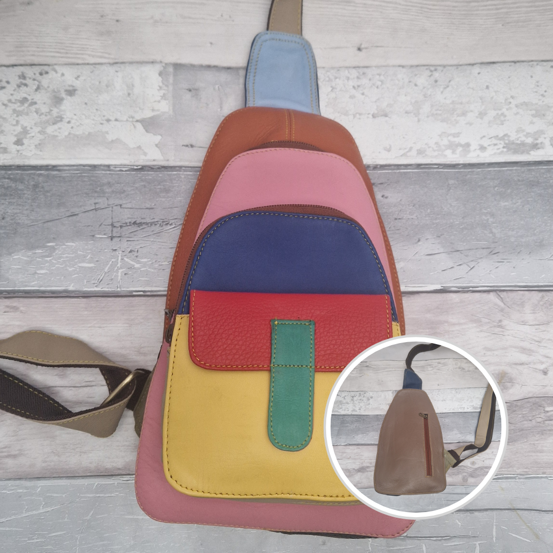 Multicolored all leather sling bag.